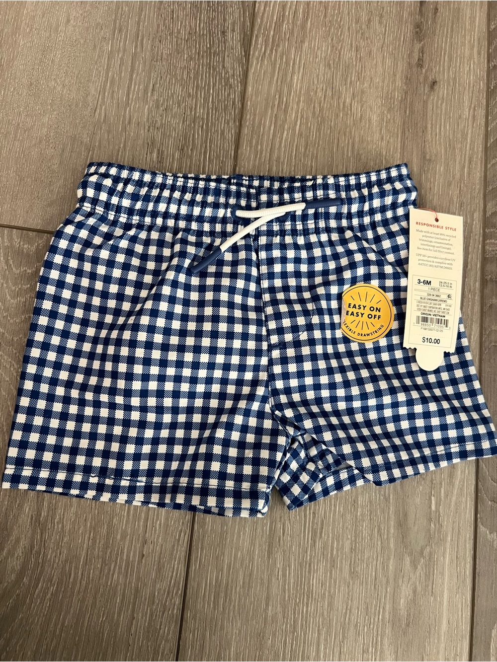 Cat & Jack Blue and White Gingham Kids Swim Trunks Size 3-6m